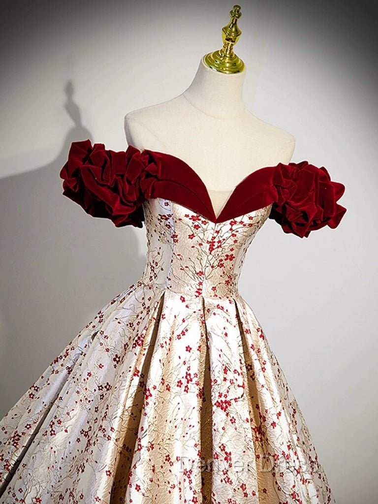 A-Line Off Shoulder Satin/Velvet Champagne Long Prom Dresses, Champagne Long Evening Dresses