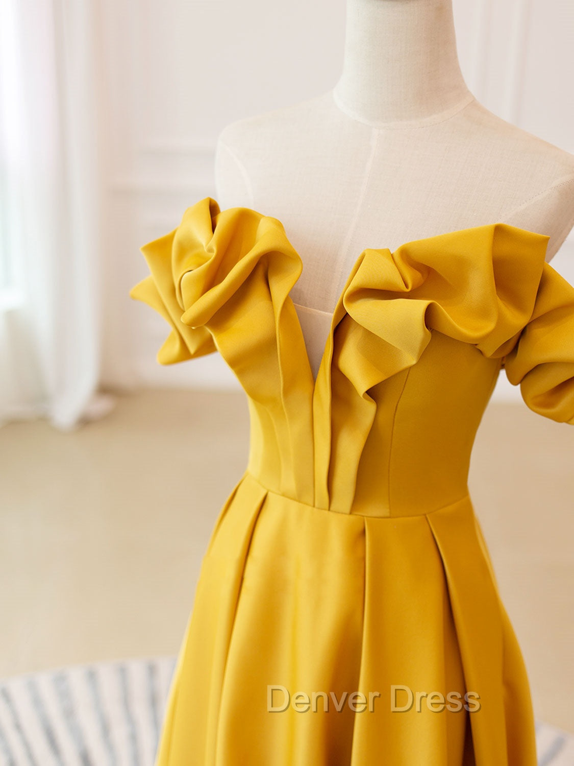A Line Off Shoulder Satin Yellow Long Prom Dress, Yellow Prom Dresses