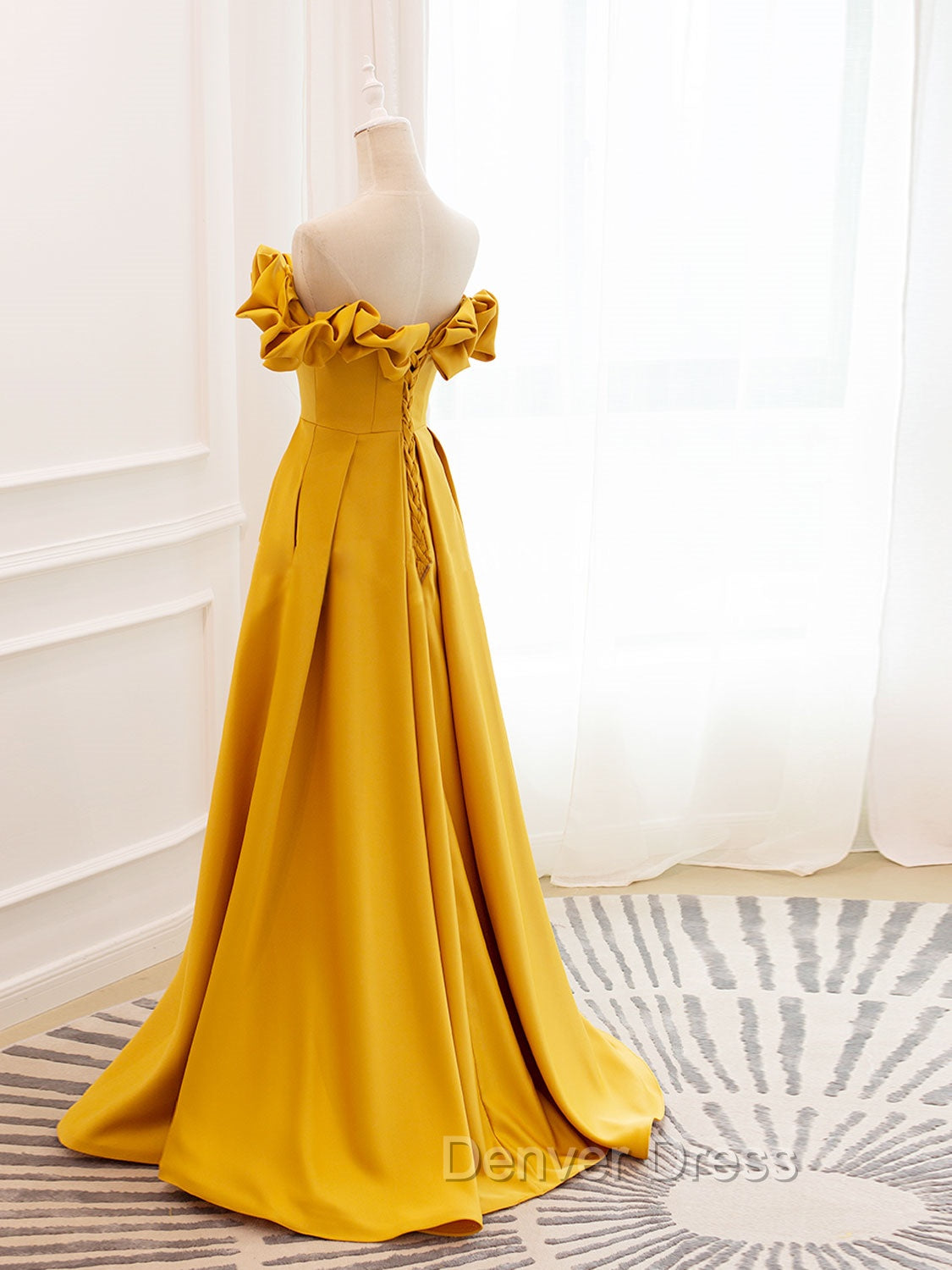 A-Line Off Shoulder Satin Yellow Long Prom Dresses, Yellow Formal Evening Dresses