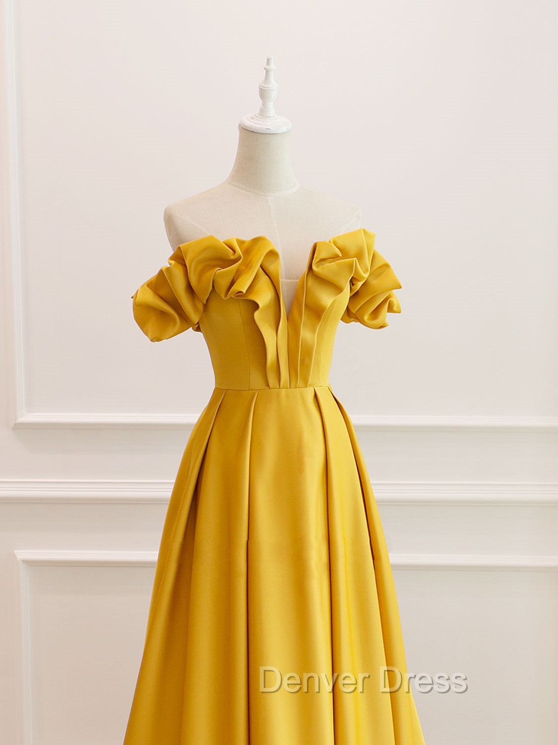 A-Line Off Shoulder Satin Yellow Long Prom Dresses, Yellow Formal Evening Dresses