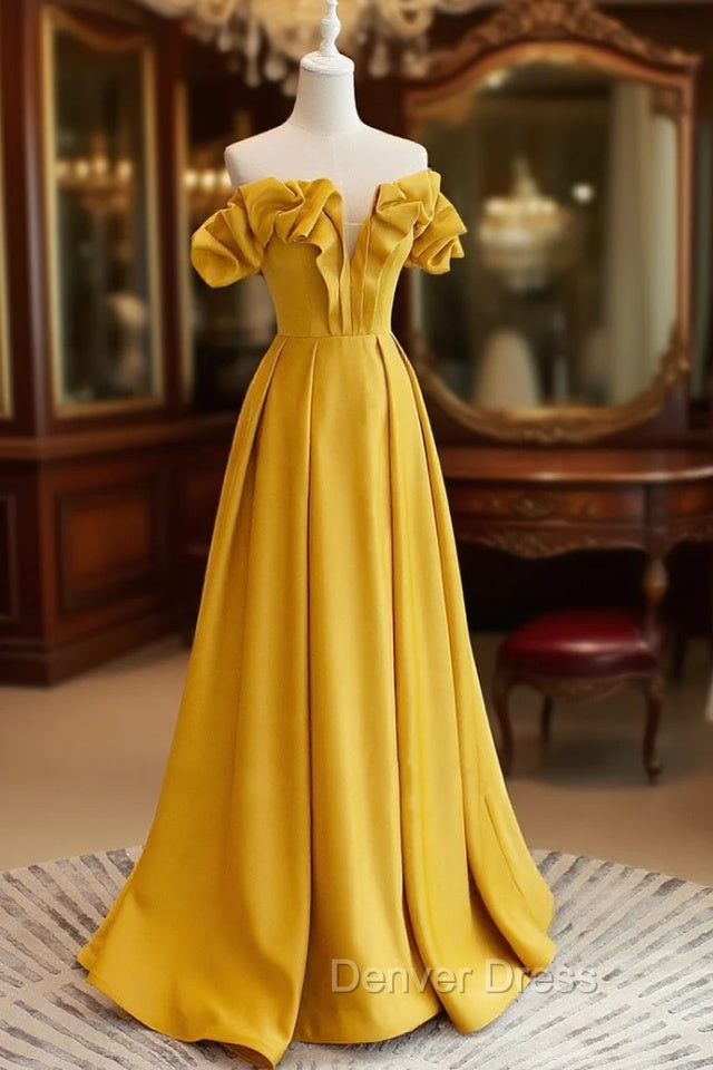 A-Line Off Shoulder Satin Yellow Long Prom Dresses, Yellow Formal Evening Dresses Main image