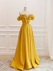 A-Line Off Shoulder Satin Yellow Long Prom Dress, Yellow Formal Evening Dress