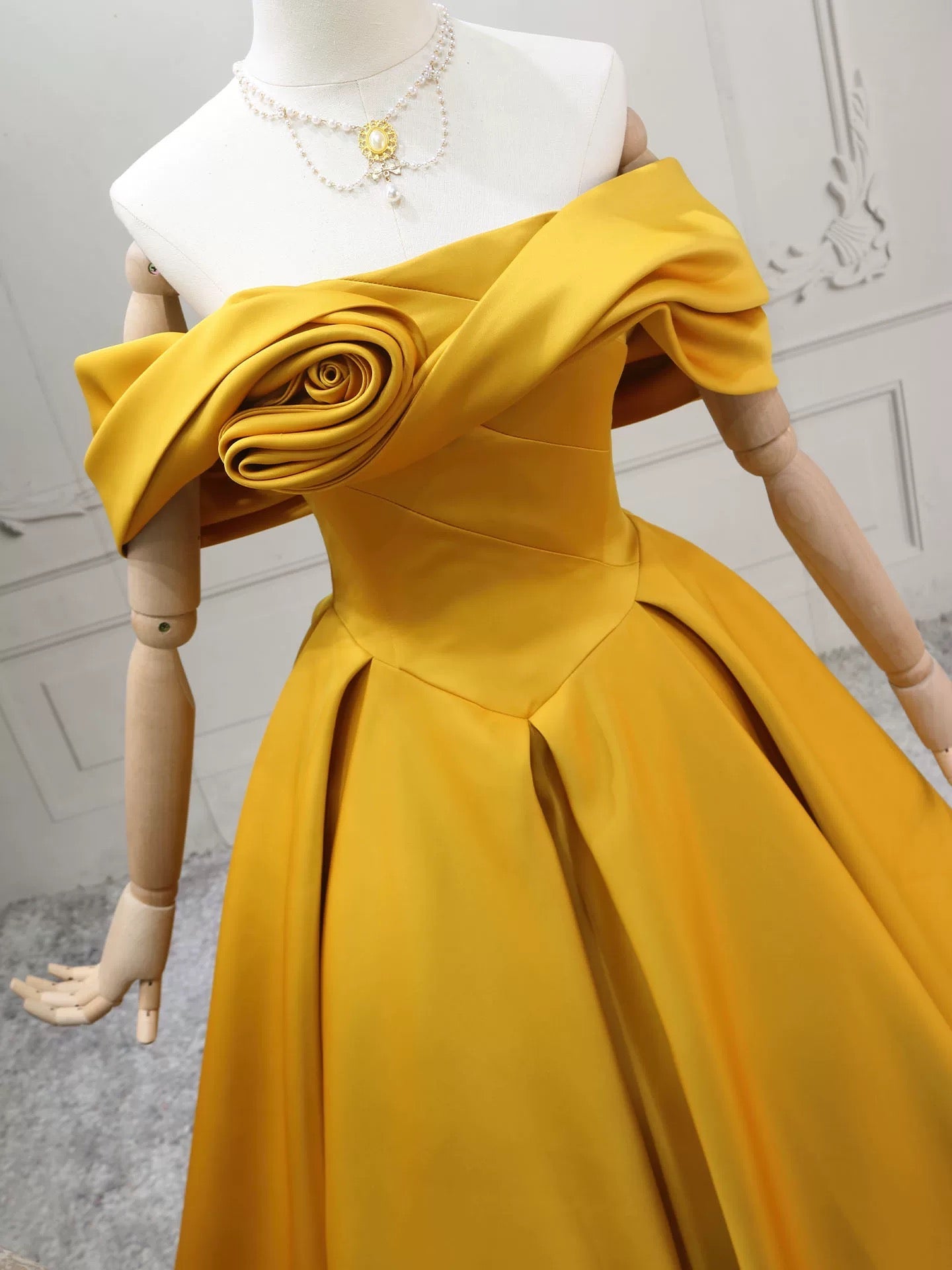 A-Line Off Shoulder Satin Yellow Long Prom Dresses, Yellow Long Evening Dresses
