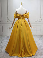 A-Line Off Shoulder Satin Yellow Long Prom Dresses, Yellow Long Evening Dresses