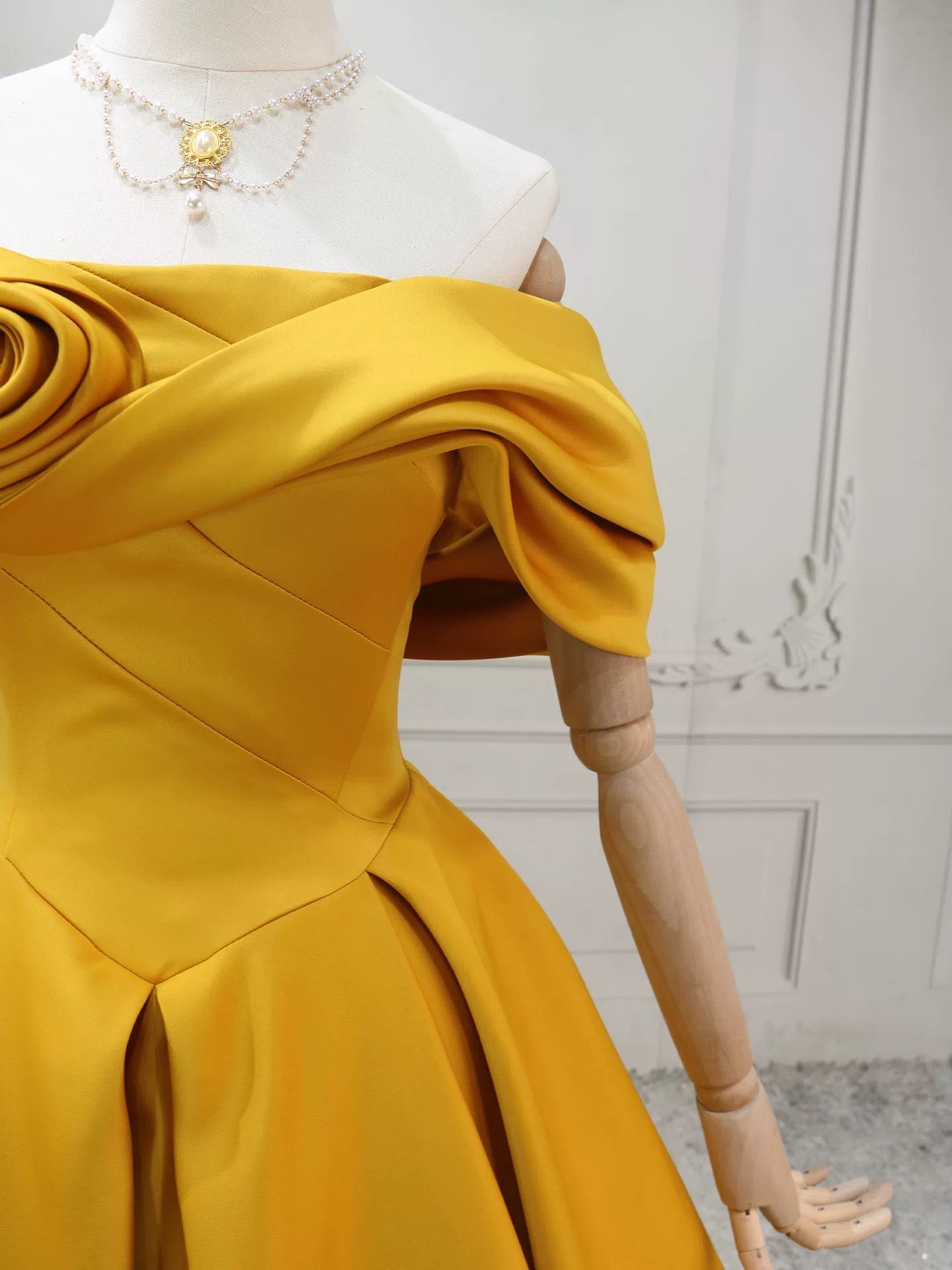 A-Line Off Shoulder Satin Yellow Long Prom Dresses, Yellow Long Evening Dresses