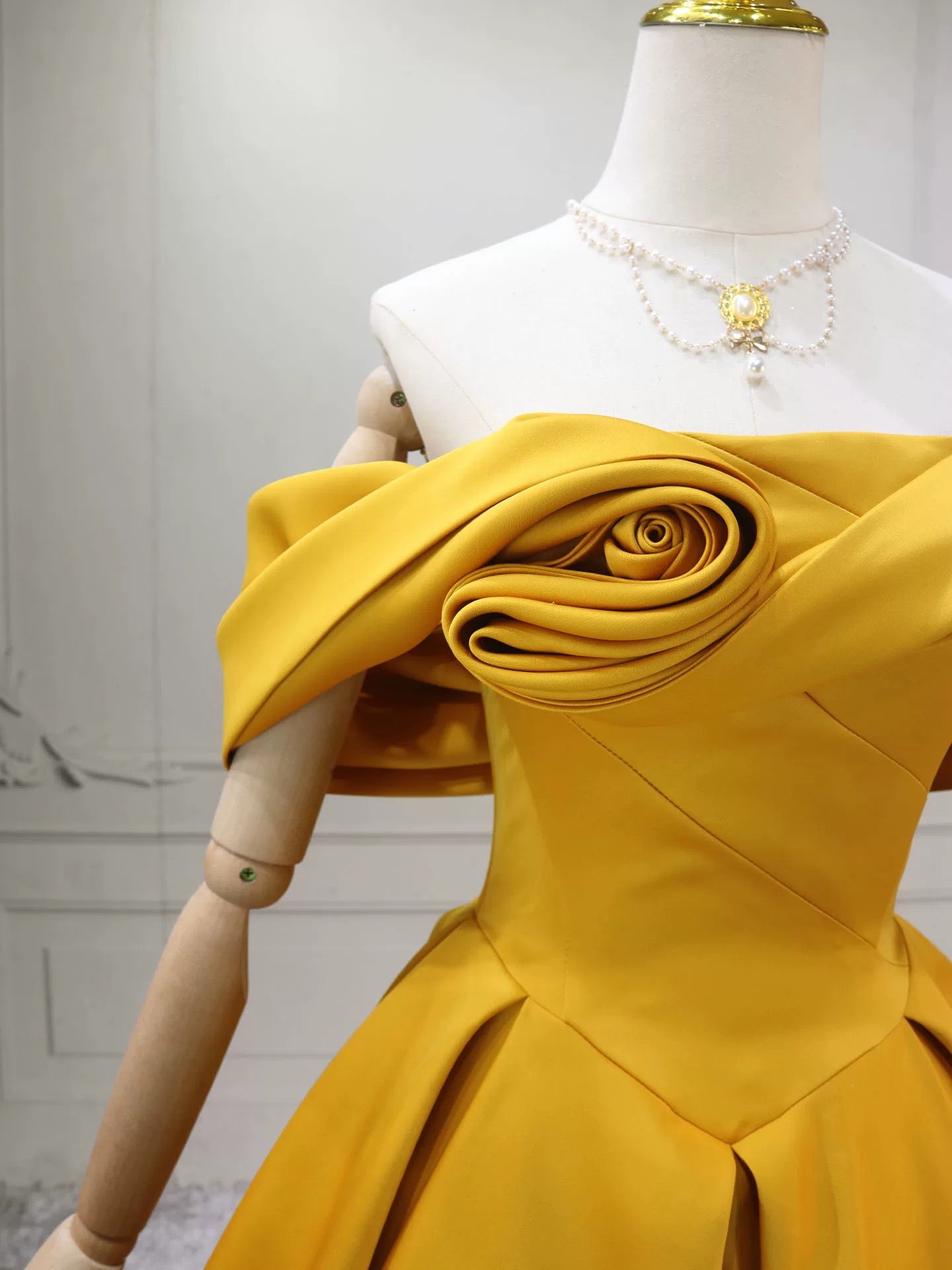 A-Line Off Shoulder Satin Yellow Long Prom Dresses, Yellow Long Evening Dresses