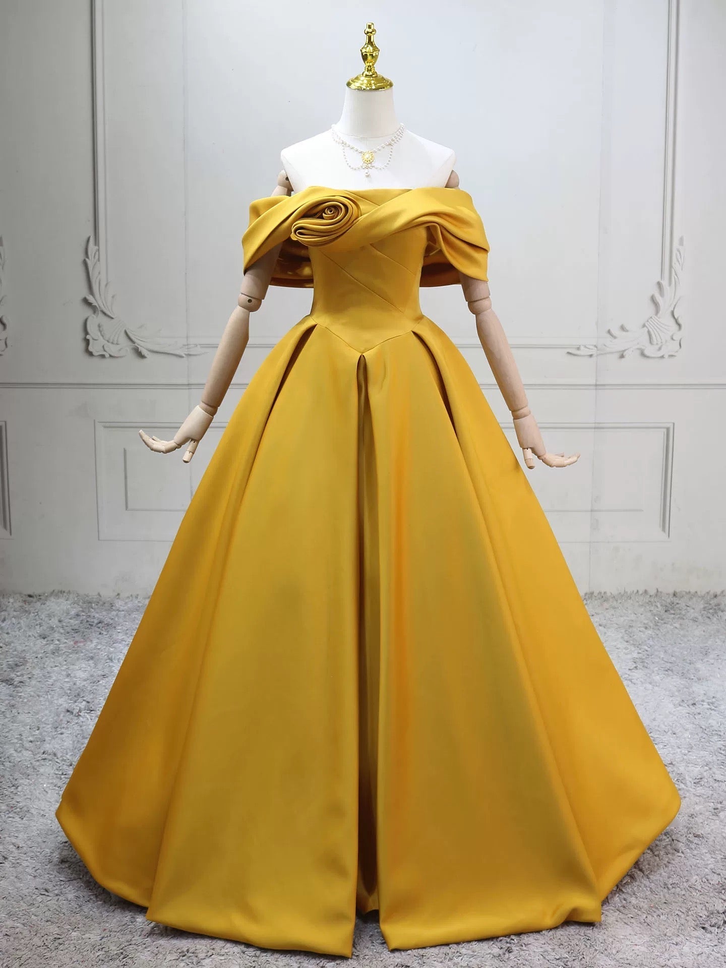 A-Line Off Shoulder Satin Yellow Long Prom Dresses, Yellow Long Evening Dresses Main image