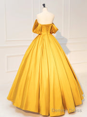A-Line Off Shoulder Satin Yellow Long Prom Dress, Yellow Long Formal Dress