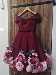 A Line Off Shoulder Short Burgundy Floral Prom Dresses, Short Burgundy Floral Formal Graduation Cocktail Dresses
