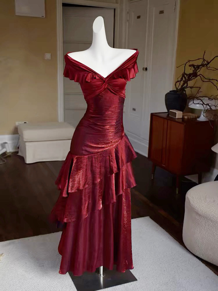 A-Line Off Shoulder Silk Floor Length Burgundy Prom Dresses