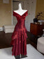 A-Line Off Shoulder Silk Floor Length Burgundy Prom Dresses