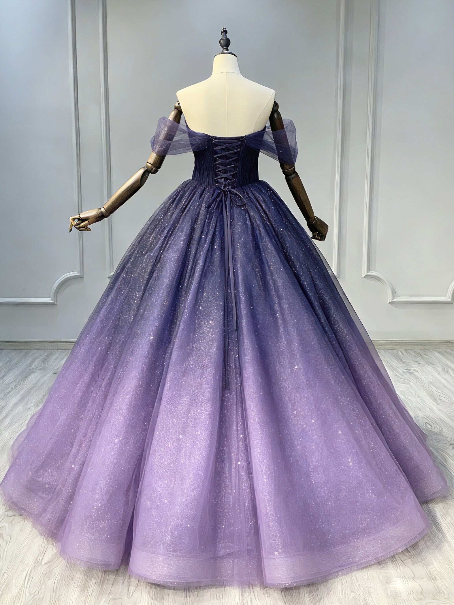 A-Line Off Shoulder Sweetheart Shiny Tulle Purple Ball Gown Prom Dresses Secondary image