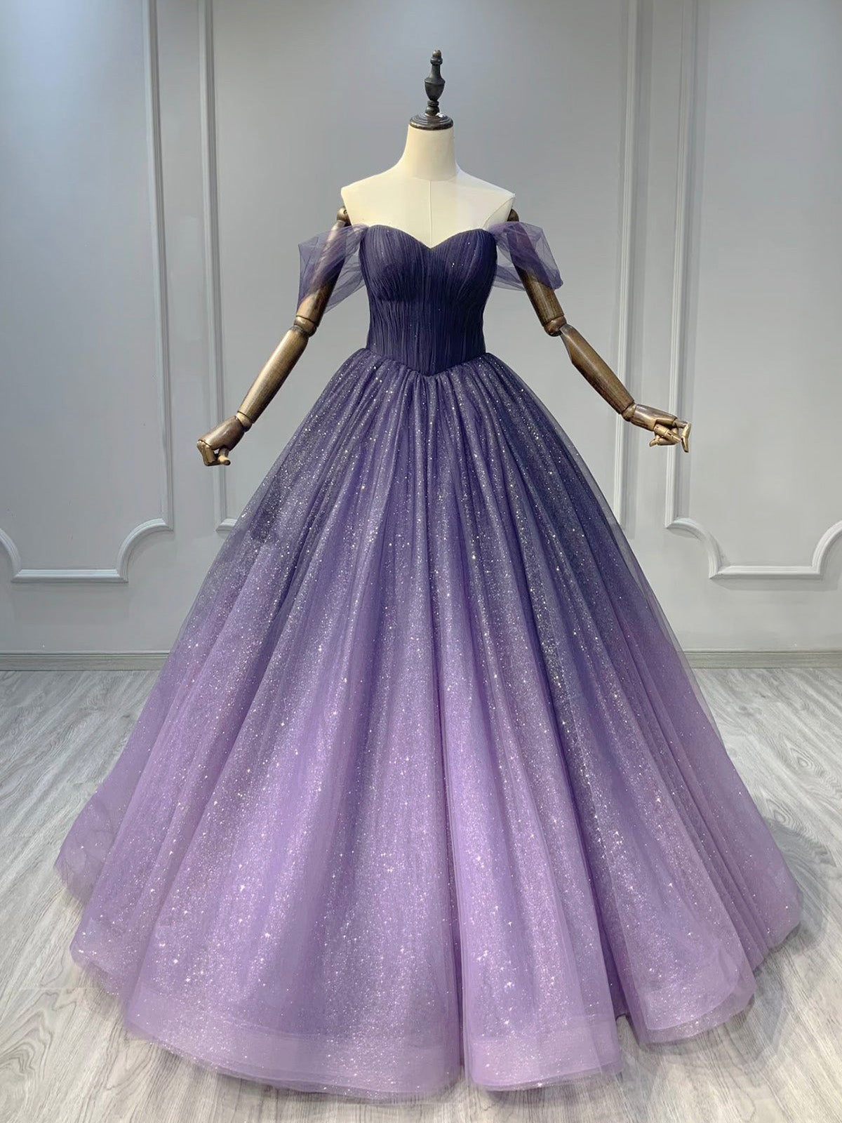 A-Line Off Shoulder Sweetheart Shiny Tulle Purple Ball Gown Prom Dresses Main image