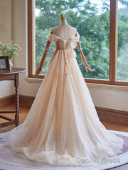 A-Line Off Shoulder Tulle Beads Champagne Long Prom Dress