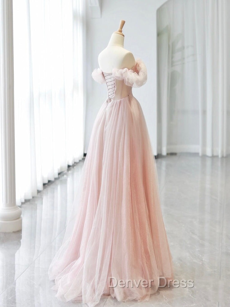 A-Line Off Shoulder Tulle Beads Pink Long Prom Dresses, Pink Tulle Long Formal Dresses Secondary image