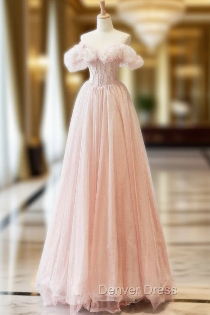 A-Line Off Shoulder Tulle Beads Pink Long Prom Dresses, Pink Tulle Long Formal Dresses Main image
