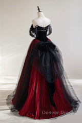 A-Line Off Shoulder Tulle Black/Burgundy Long Prom Dresses