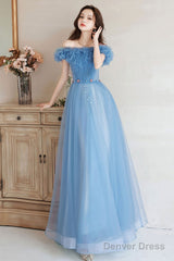 A-Line Off Shoulder Tulle Blue Long Prom Dress, Blue Formal Dresses