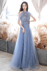 A-Line Off Shoulder Tulle Blue Long Prom Dress, Blue Lace Long Formal Dress