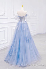 A-Line Off Shoulder Tulle Blue Long Prom Dress, Blue Long Formal Dress