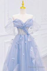 A-Line Off Shoulder Tulle Blue Long Prom Dress, Blue Long Formal Dress