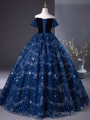 A-Line Off Shoulder Tulle Blue Long Prom Dress, Blue Long Formal Dress With Beads