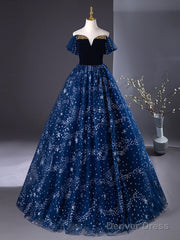A-Line Off Shoulder Tulle Blue Long Prom Dress, Blue Long Formal Dress With Beads