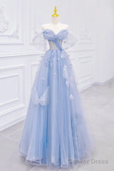 A-Line Off Shoulder Tulle Blue Long Prom Dress, Blue Long Formal Dress