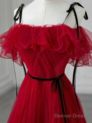 A-Line Off Shoulder Tulle Burgundy Long Prom Dress, Burgundy Long Formal Dress
