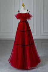 A-Line Off Shoulder Tulle Burgundy Long Prom Dress, Burgundy Long Formal Dress