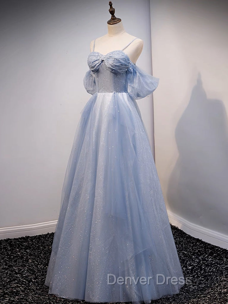 A-Line Off Shoulder Tulle Gray Blue Long Prom Dresses, Gray Blue Long Formal Dresses Secondary image