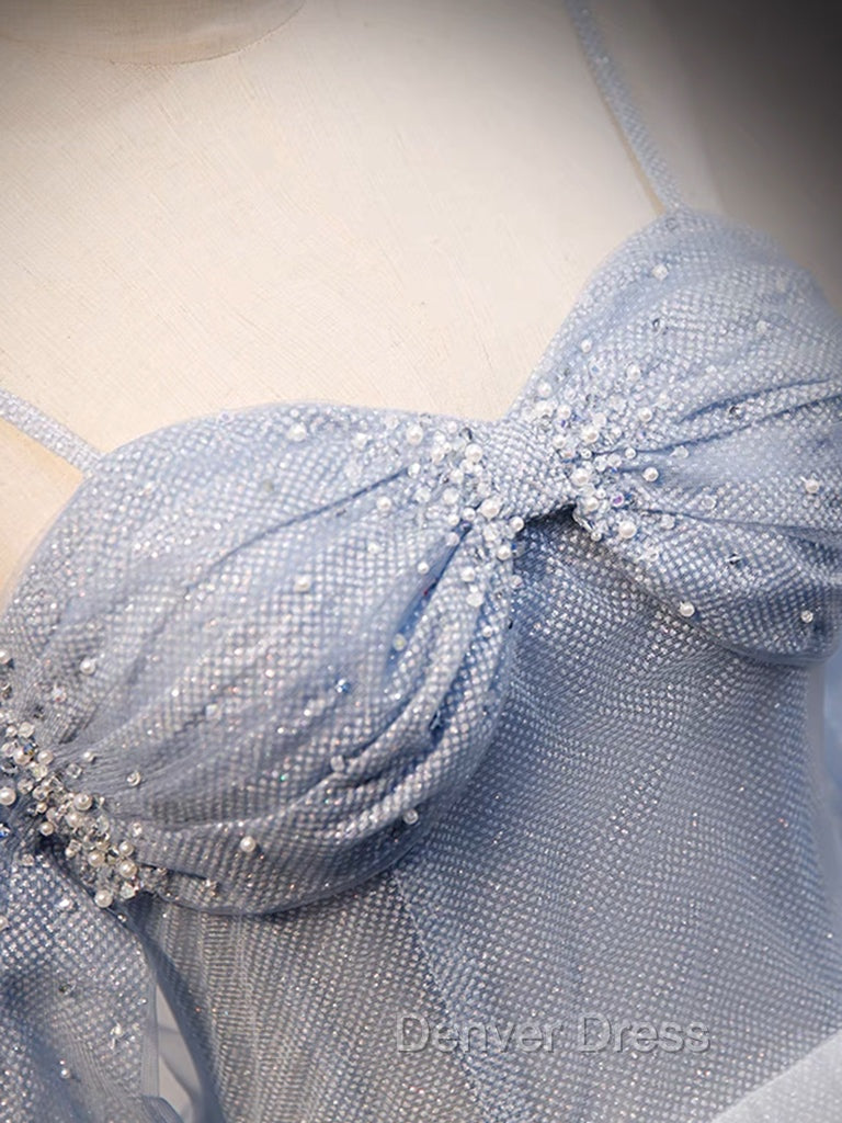 A-Line Off Shoulder Tulle Gray Blue Long Prom Dresses, Gray Blue Long Formal Dresses