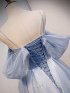 A-Line Off Shoulder Tulle Gray Blue Long Prom Dresses, Gray Blue Long Formal Dresses