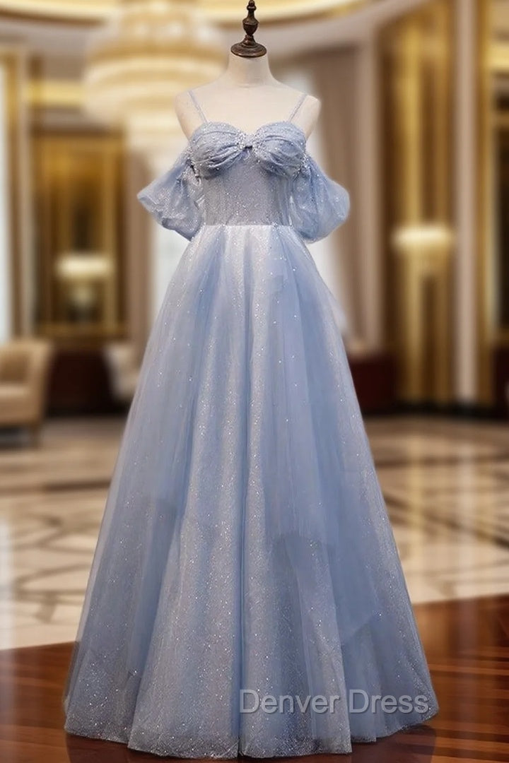 A-Line Off Shoulder Tulle Gray Blue Long Prom Dresses, Gray Blue Long Formal Dresses Main image
