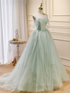 A-Line Off Shoulder Tulle Green Long Prom Dresses, Green Formal Dresses with Beading