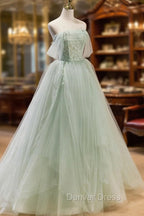 A-Line Off Shoulder Tulle Green Long Prom Dresses, Green Formal Dresses with Beading