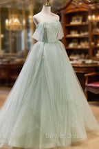 A Line Off Shoulder Tulle Green Long Prom Dress, Green Prom Dresses with Beading