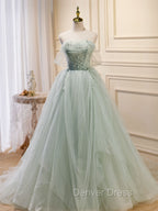 A-Line Off Shoulder Tulle Green Long Prom Dresses, Green Formal Dresses with Beading