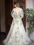 A-Line Off Shoulder Tulle Lace Applique White Long Prom Dress, White Long Prom Dresses