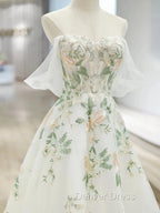 A Line Off Shoulder Tulle Lace Applique White Long Prom Dress, White Long Prom Dresses