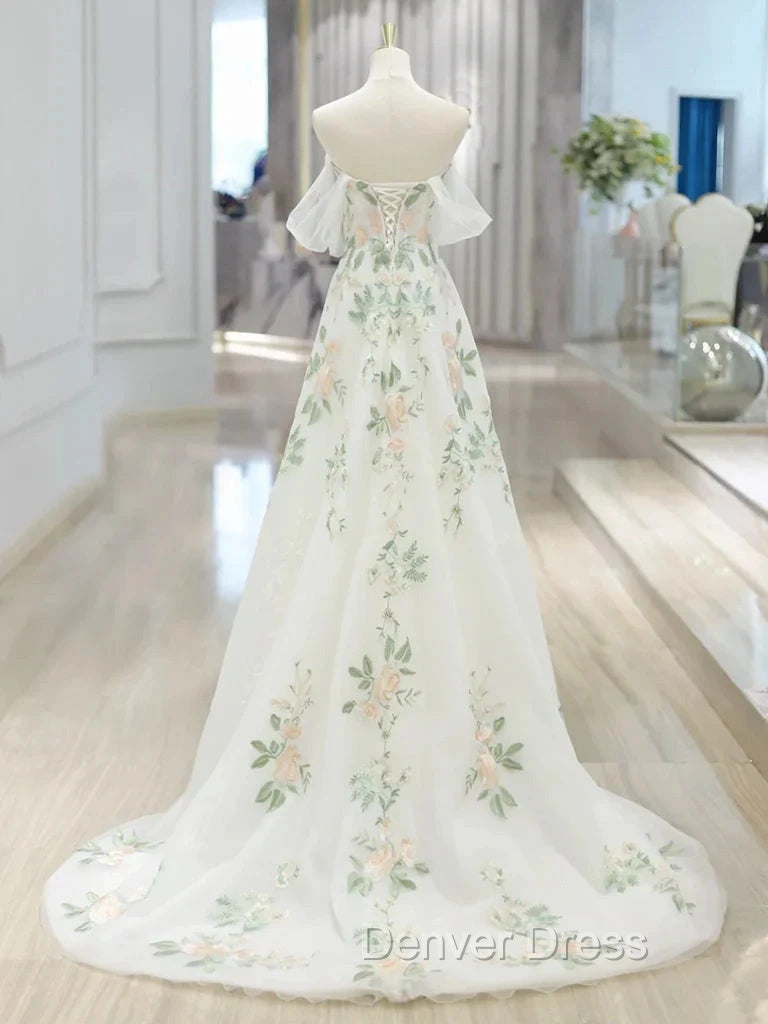 A Line Off Shoulder Tulle Lace Applique White Long Prom Dress, White Long Prom Dresses