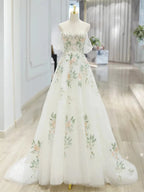 A-Line Off Shoulder Tulle Lace Applique White Long Prom Dress, White Long Prom Dresses