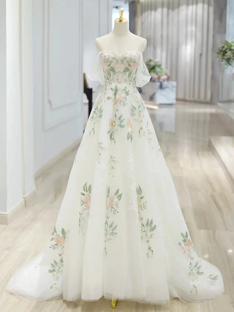 A-Line Off Shoulder Tulle Lace Applique White Long Prom Dress, White Long Prom Dresses Main image