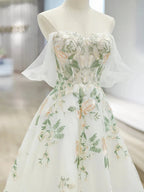 A-Line Off Shoulder Tulle Lace Applique White Long Prom Dress, White Long Prom Dresses