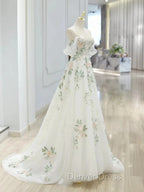 A Line Off Shoulder Tulle Lace Applique White Long Prom Dress, White Long Prom Dresses