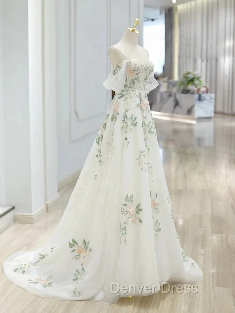 A Line Off Shoulder Tulle Lace Applique White Long Prom Dress, White Long Prom Dresses