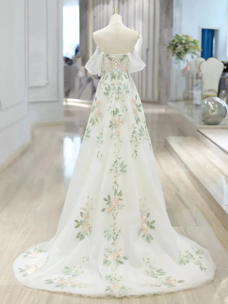 A-Line Off Shoulder Tulle Lace Applique White Long Prom Dress, White Long Prom Dresses