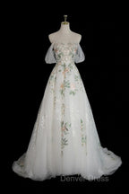 A Line Off Shoulder Tulle Lace Applique White Long Prom Dress, White Long Prom Dresses