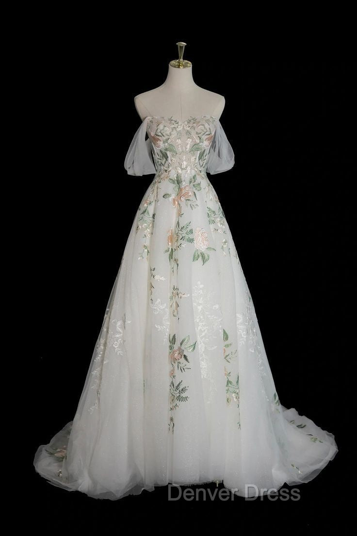 A Line Off Shoulder Tulle Lace Applique White Long Prom Dress, White Long Prom Dresses
