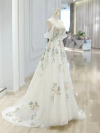 A-Line Off Shoulder Tulle Lace Applique White Long Prom Dress, White Long Prom Dresses